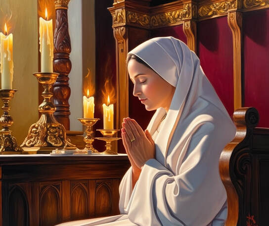 Nun in white praying in pew surrounded by candles